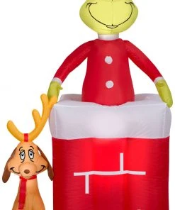 Gemmy Animated Christmas Airblown Inflatable Grinch In Chimney, 6 Ft Tall, Red