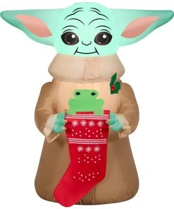 Gemmy Christmas Airblown Inflatable Inflatable Grogu™ With Frog In Stocking, 3.5 Ft Tall, Brown