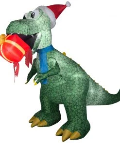 Gemmy Animated Christmas Airblown Inflatable T Rex W/Present, 7.5 Ft Tall
