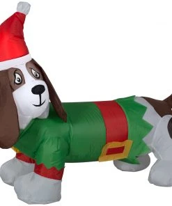Gemmy Christmas Airblown Inflatable Inflatable Basset Hound In Elf Outfit, 2.5 Ft Tall, Green