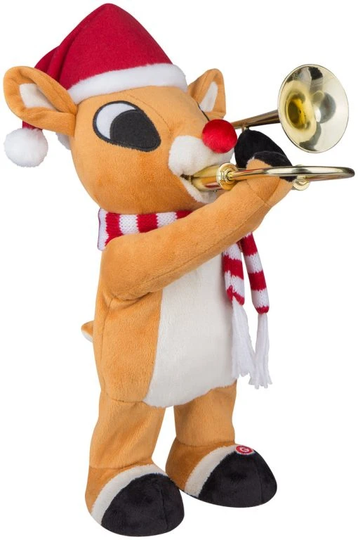 Gemmy Standing Trombone Rudolph W/Santa Hat And Scarf Rudolph, Brown Christmas