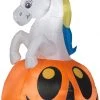 Gemmy Airblown Unicorn W/Colorchanging Horn Out Of Pumpkin Scene (RGB), 5 Ft Tall, Multicolored