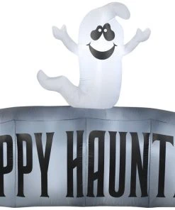 Gemmy Christmas Airblown Inflatable Ghost W/Happy Haunting Sign Scene, 5 Ft Tall, Grey Halloween