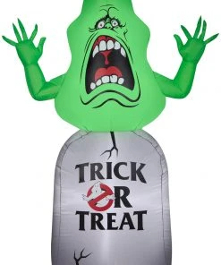 Gemmy Airblown Inflatable Ghostbusters Slimer With Tombstone, 5 Ft Tall, Green Halloween