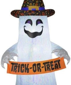 Halloween Gemmy Airblown Mixed Media Iridescent Ghost Holding Banner, 8 Ft Tall